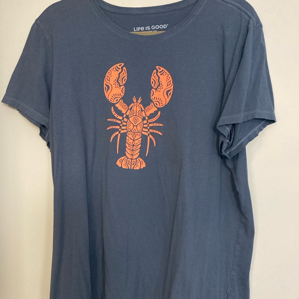 Life Is Good women’s Tee with Orange Lobster on Blue